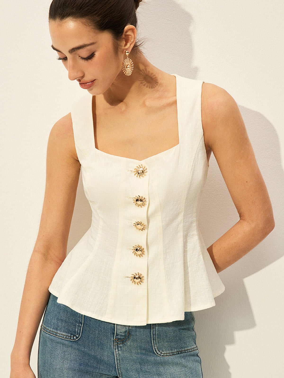 Square Neck Button-Front Peplum Top - COMMENSE