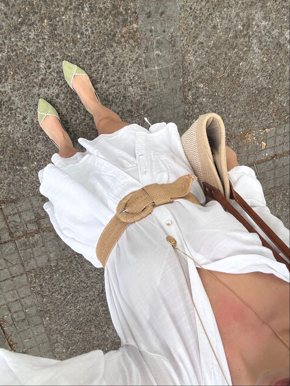 Short white skirt with oversize shirt and belt