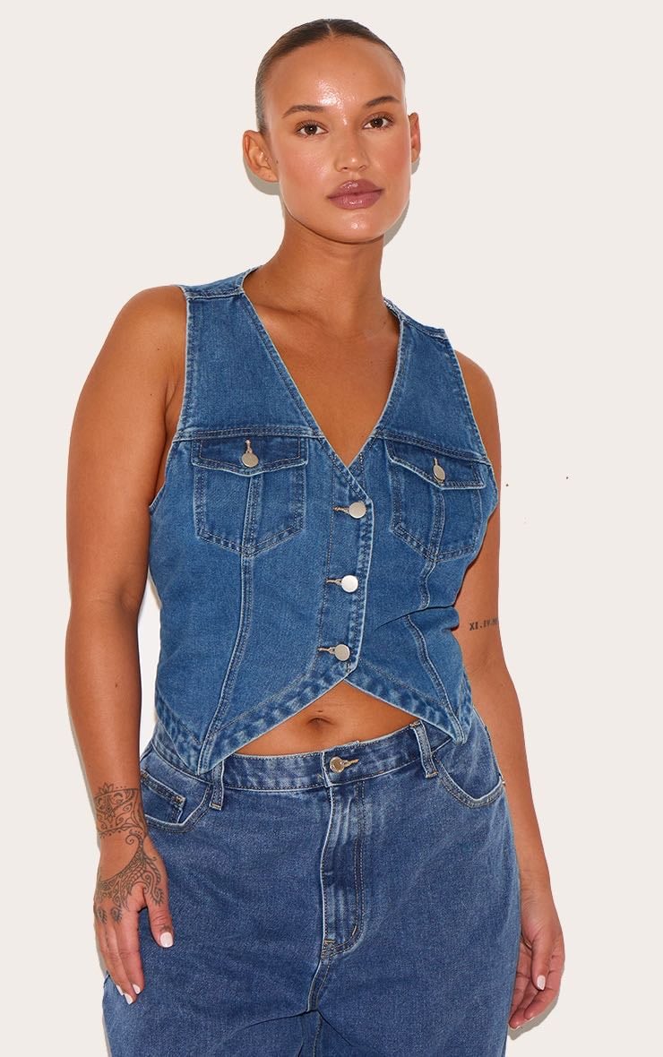 Plus Indigo Blue Wash Halterneck Front Denim Vest | Plus Size - PrettyLittleThing