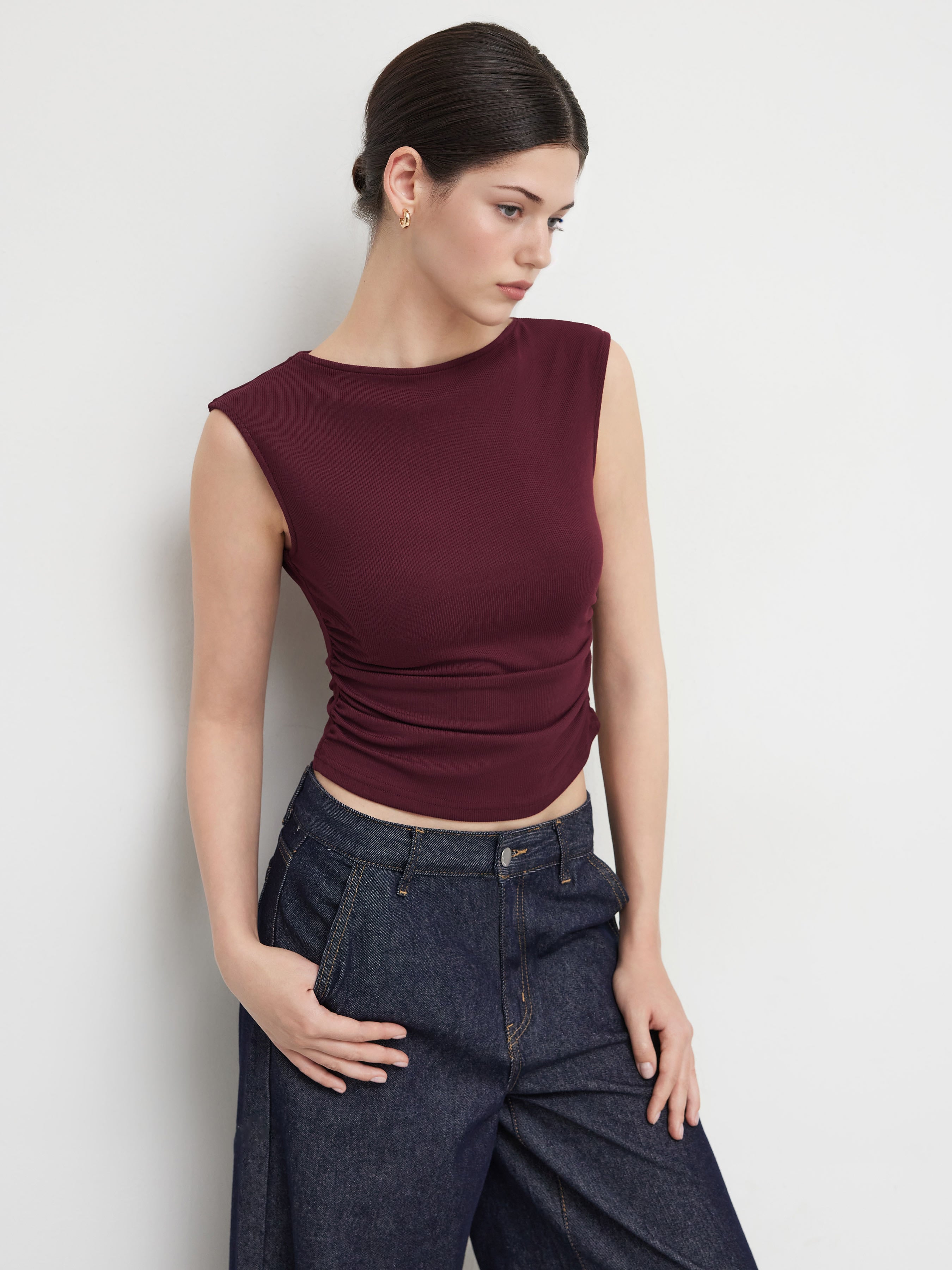 Knit Fabric Boat Neck Solid Ruched Tank Top For Daily Casual Work - Cider