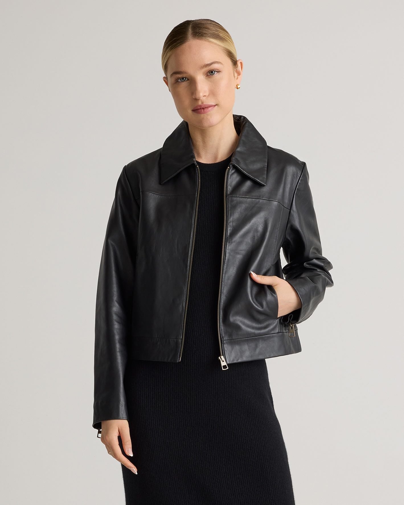 100% Leather Cropped Zip-Front Jacket in Black - Quince