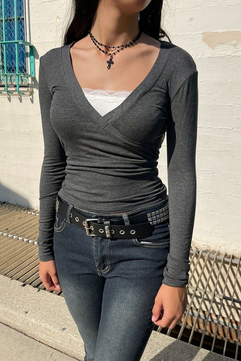 Y2K 2000s V-Neck Lace-Layered Long Sleeve Top with Cinched Waist - HyperBees