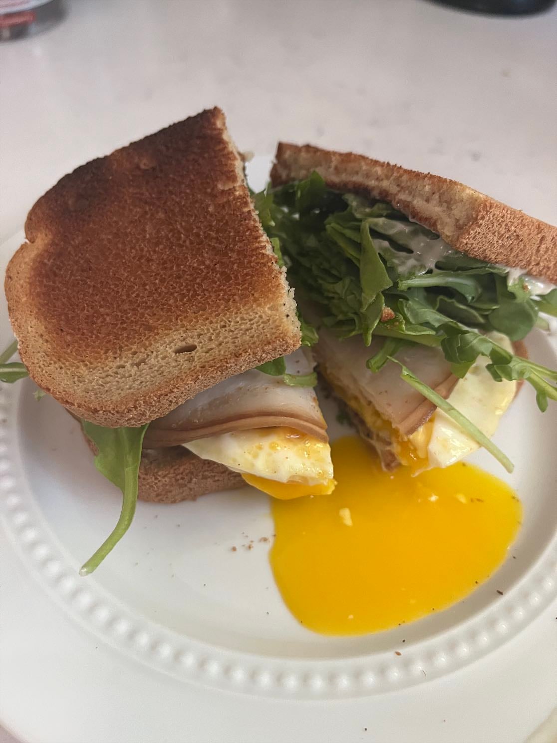 Protein sando - Toasted GF multigrain bread, vegan truffle aioli, arugula, smoked turkey deli meat, over easy egg with paprika salt pepper and garlic