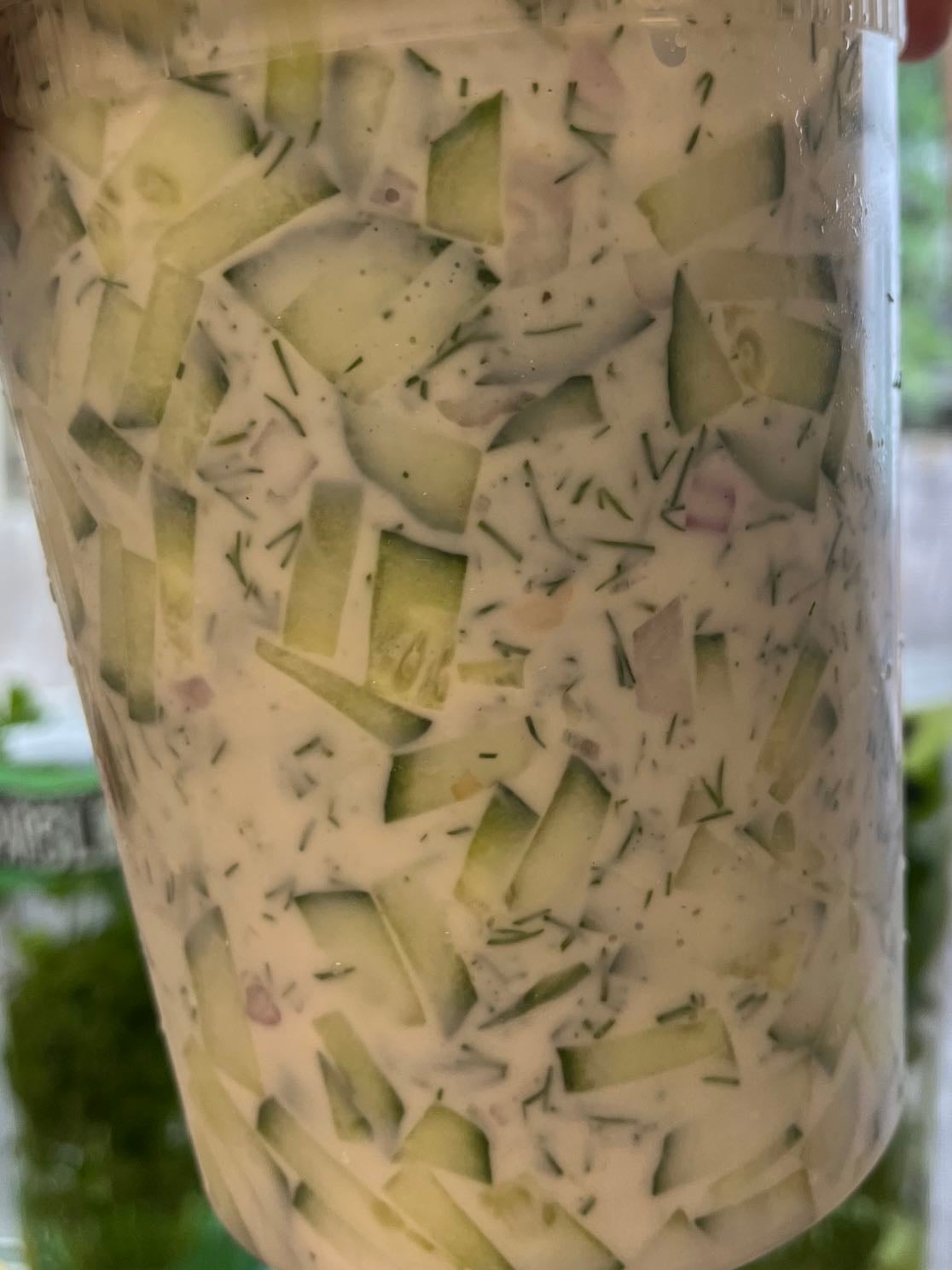 DF tzatziki - DF yogurt with diced cucumber, finely chopped dill, finely chopped raw shallot and lemon juice.