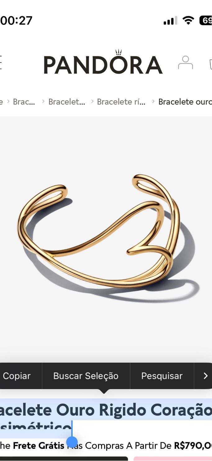 Bracelete Ouro Rigido Coração Assimétrico - Pandora