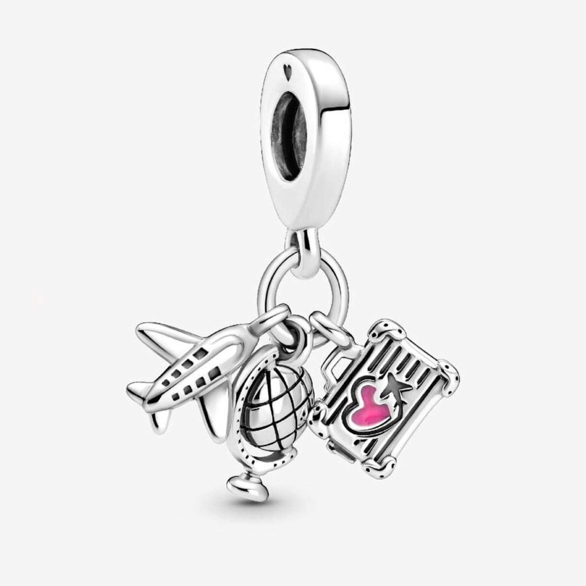 travel - airplane, globe and suitcase dangle charm.