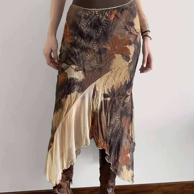 Vintage ruffle skirt - asymmetrical hemline, camouflage print