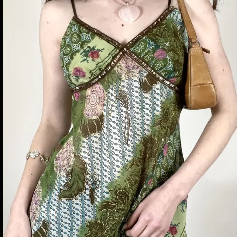 Floral strap tank top - sequin cross, v neck