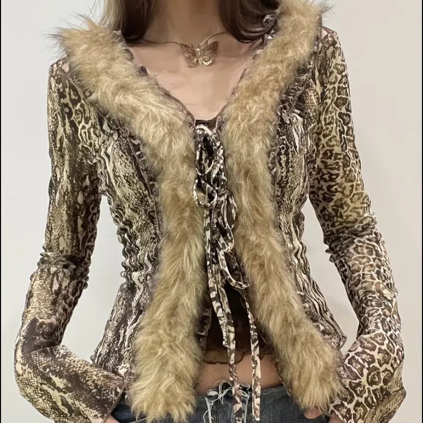 Fur collar jacket - leopard print, lace up detail