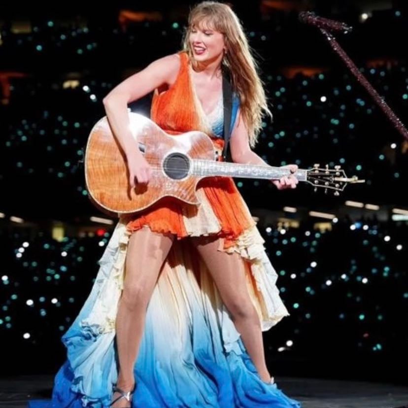 orange, white, & blue dress