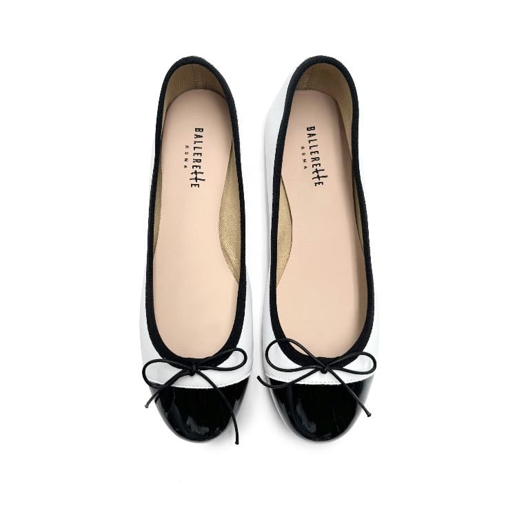 White Leather Ballet flats and black patent toe - Ballerette