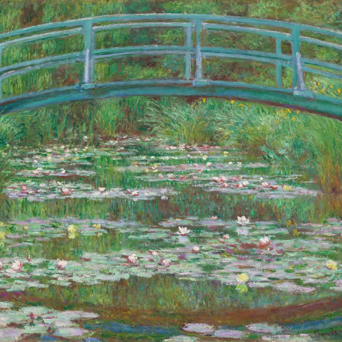 Bride over a pond of water lilies