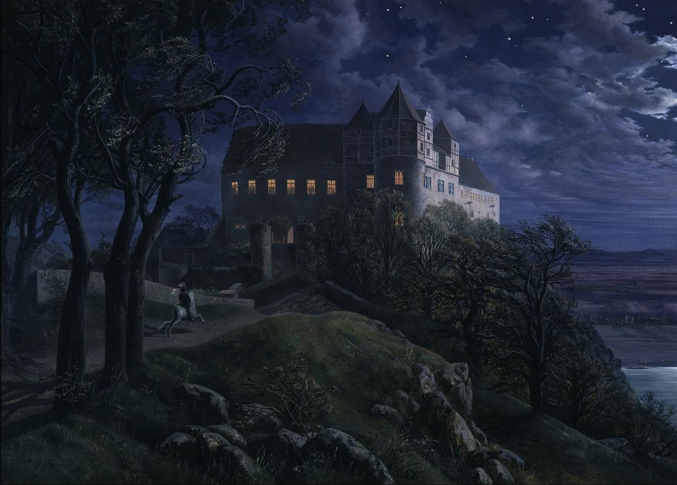 Burg Scharfenberg at night - Ernst Ferdinand Oehme • 1827