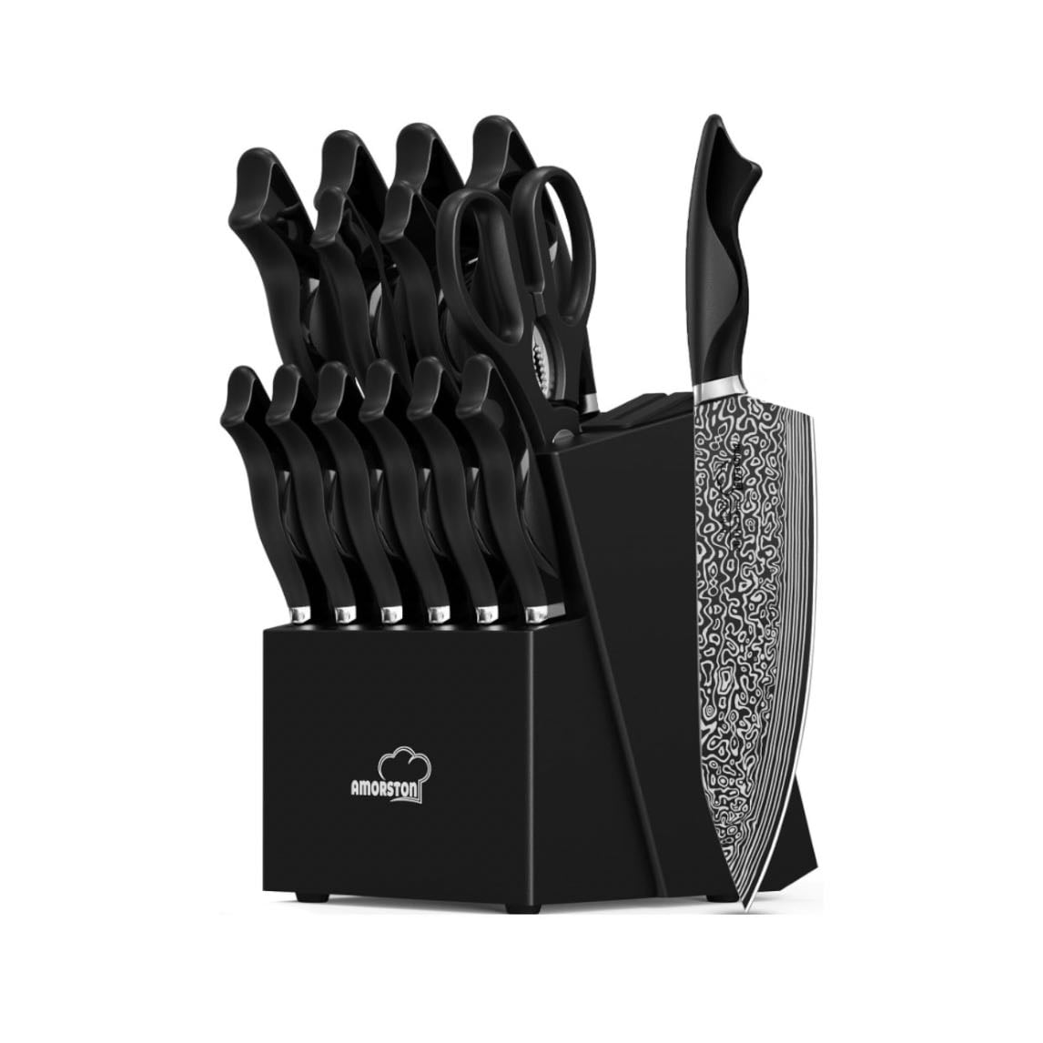 Juego de cuchillos, 15 piezas, juego de cuchillos de cocina con afilador incorporado, juego de bloques de cuchillos de acero inoxidable alemán de alto carbono, apto para lavavajillas - Juego de cuchillos de alta calidad para cocina con bloque: tecnología ultra afilada, resistente a la corrosión, acero inoxidable alemán 1.4116. Excelente artesanía, tecnología de vanguardia, diseño impresionante y materiales superiores. Esta no solo es la mejor opción para cocina profesional o uso doméstico, sino también el grado más alto para regalos.