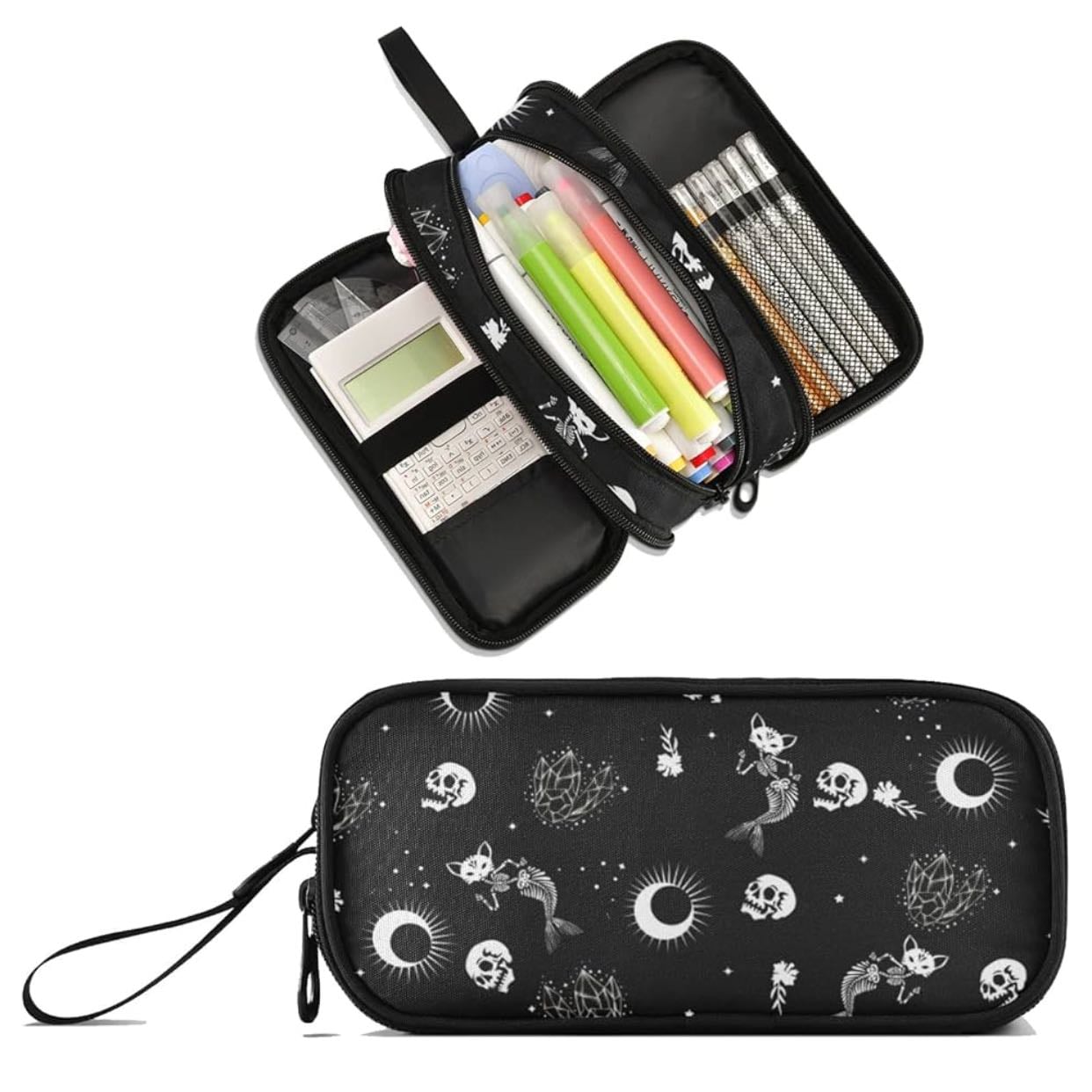 Estuche de lápices de gran capacidad con diseño de calavera gótica, gato, luna, estuche para lápices de gran capacidad, para oficina, escuela, escuela, bolsa de 3 compartimentos, caja de lápices