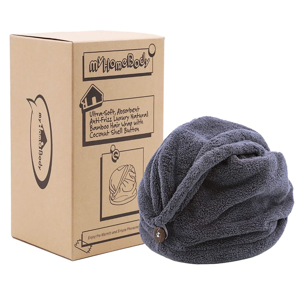 myHomeBody Hair Towel Wrap, Luxury Quick Drying Turban, Ultra Soft Absorbent Charcoal Fiber Cap, with Coconut Shell Button – Midnight Blue - Absorbent rapid-dry hair-drying turban dries your hair gently and fast (Check our video to see for yourself!) Less time under the blow dryer = less damage to hair! Ultra-Soft! Luxuriously Soft and Fluffy Charcoal Fiber fabric