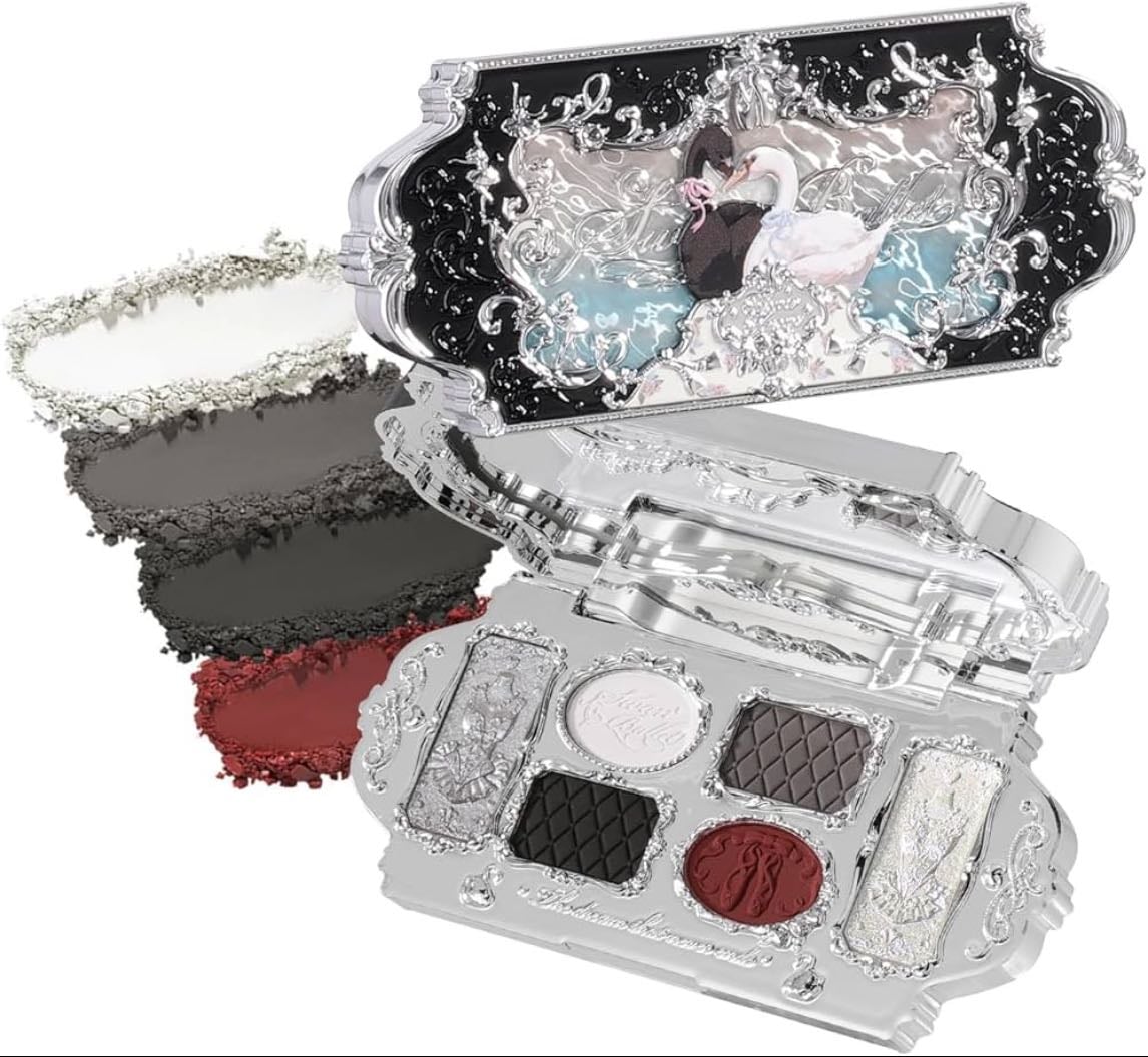 Flower Knows Swan Ballet Six-Color Makeup Palette,Black Red Face Makeup Palette with 4 Matte + 2 Shimmer Shades,Blendable Smooth Cute Make Up,0.23 Oz(02 Black Swan) - Artistically Design: Inspired by the timeless elegance of ballet, this palette features delicate silver detailing, engravings of ballet skirts and slippers, and water ripple designs with oil-painting-style swans. A beautifully crafted, gift-ready fantasy