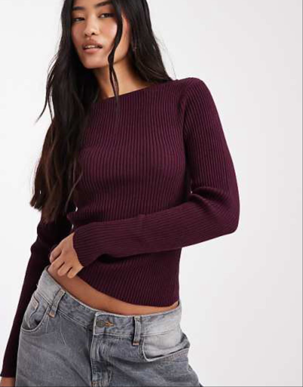 miss selfridge knit rib slash neck long sleeve top in plum - asos