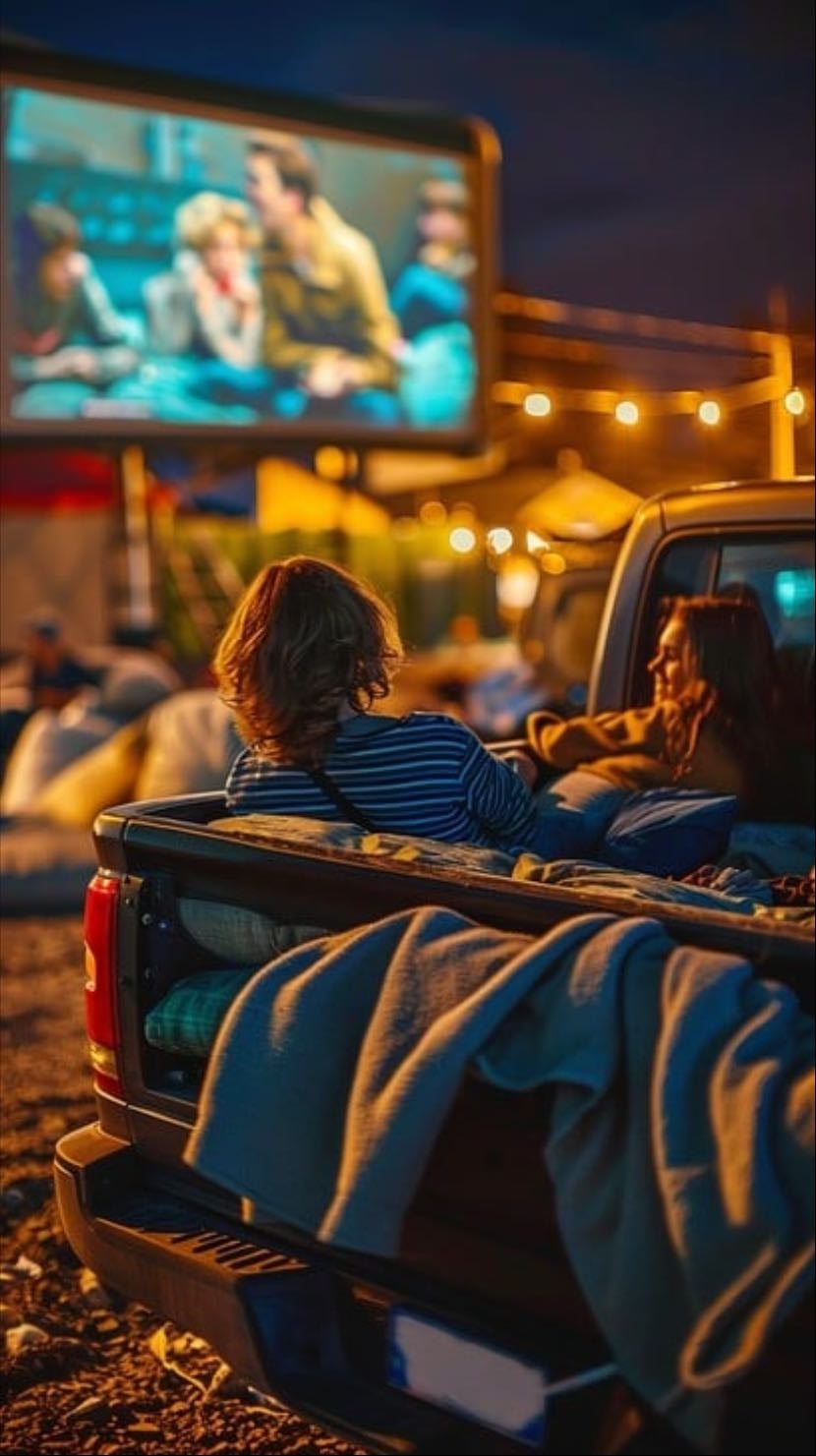 drive in cinema in pickup truck with blankets