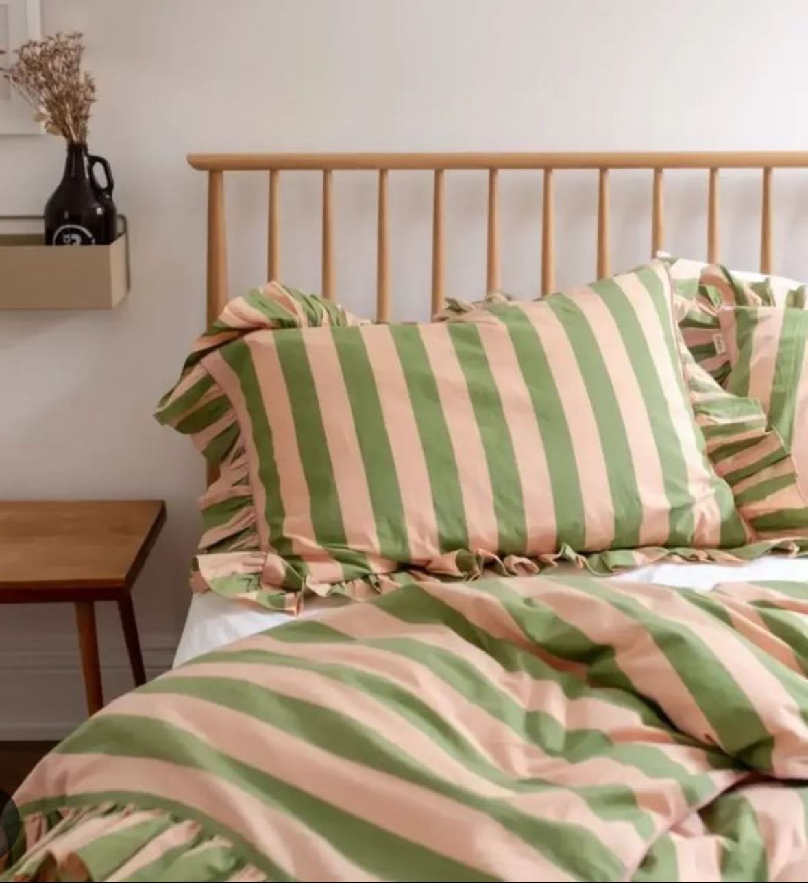 Pink and green striped bedding