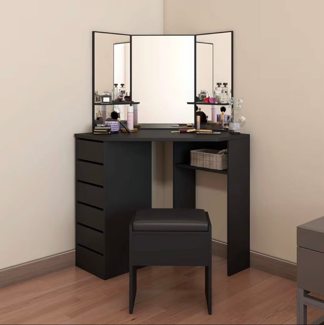 corner vanity table with mirror and drawers