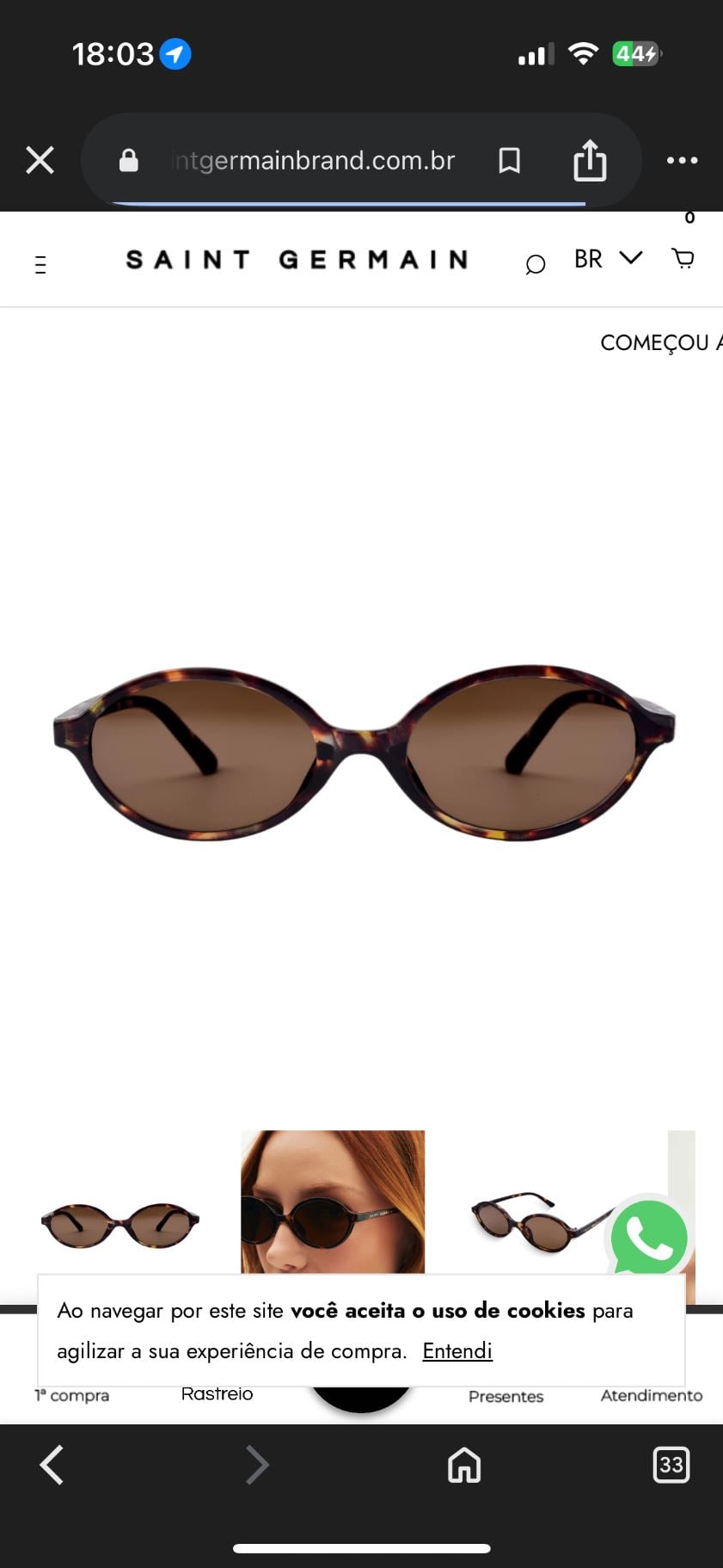 óculos de sol oval com grau - R$400