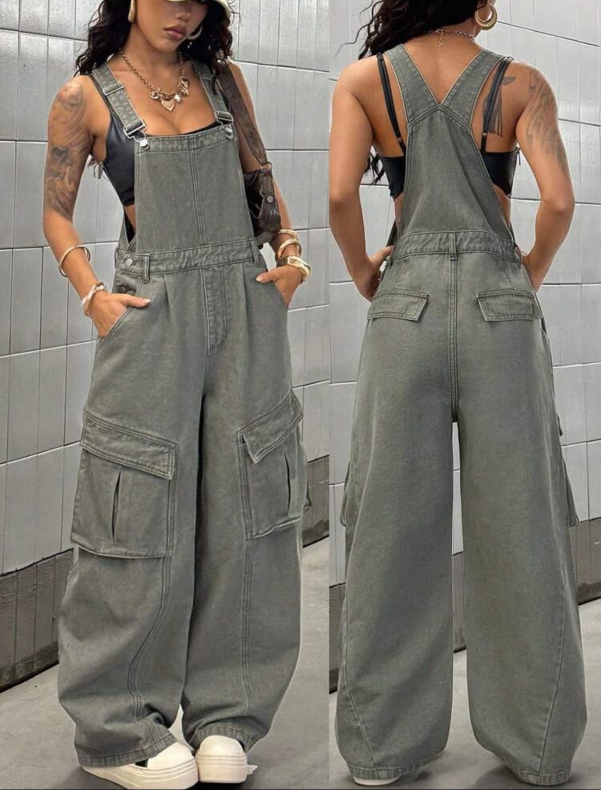 StreetHx Jardineira Denim de Ajuste Folgado com Bolsos Grandes - SHEIN