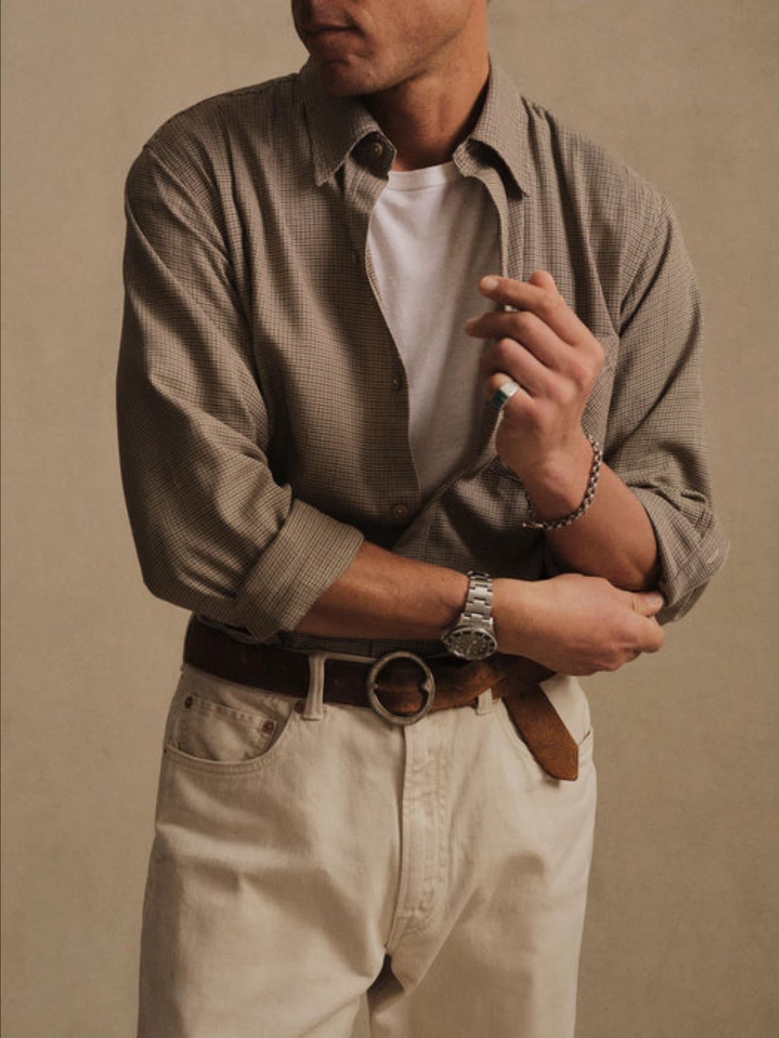 Draped Twill One Pocket Shirt - Brown Houndstooth