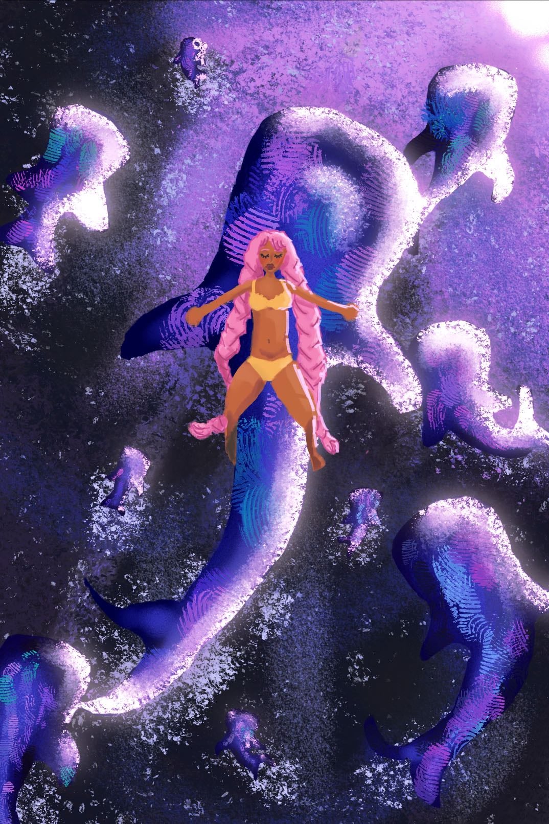 girl laying on space whales