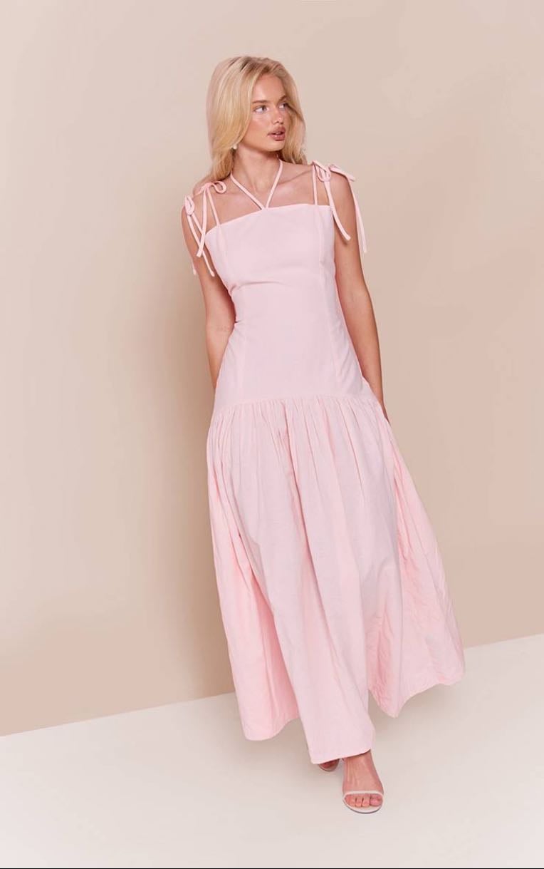 BABY PINK LINEN LOOK DROPPED WAIST STRAPPY MAXI DRESS - PrettyLittleThing