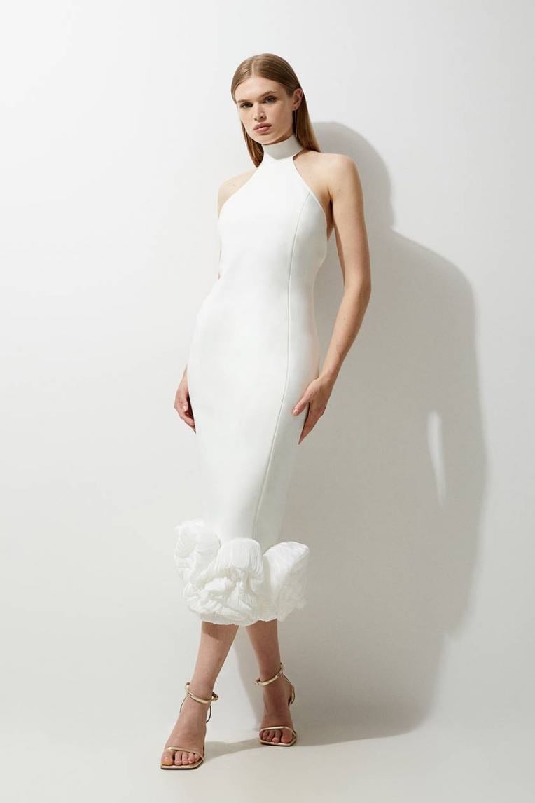 Figure Form Bandage Ruffle Hem Halter Knit Midi Dress - Karen MILLEN