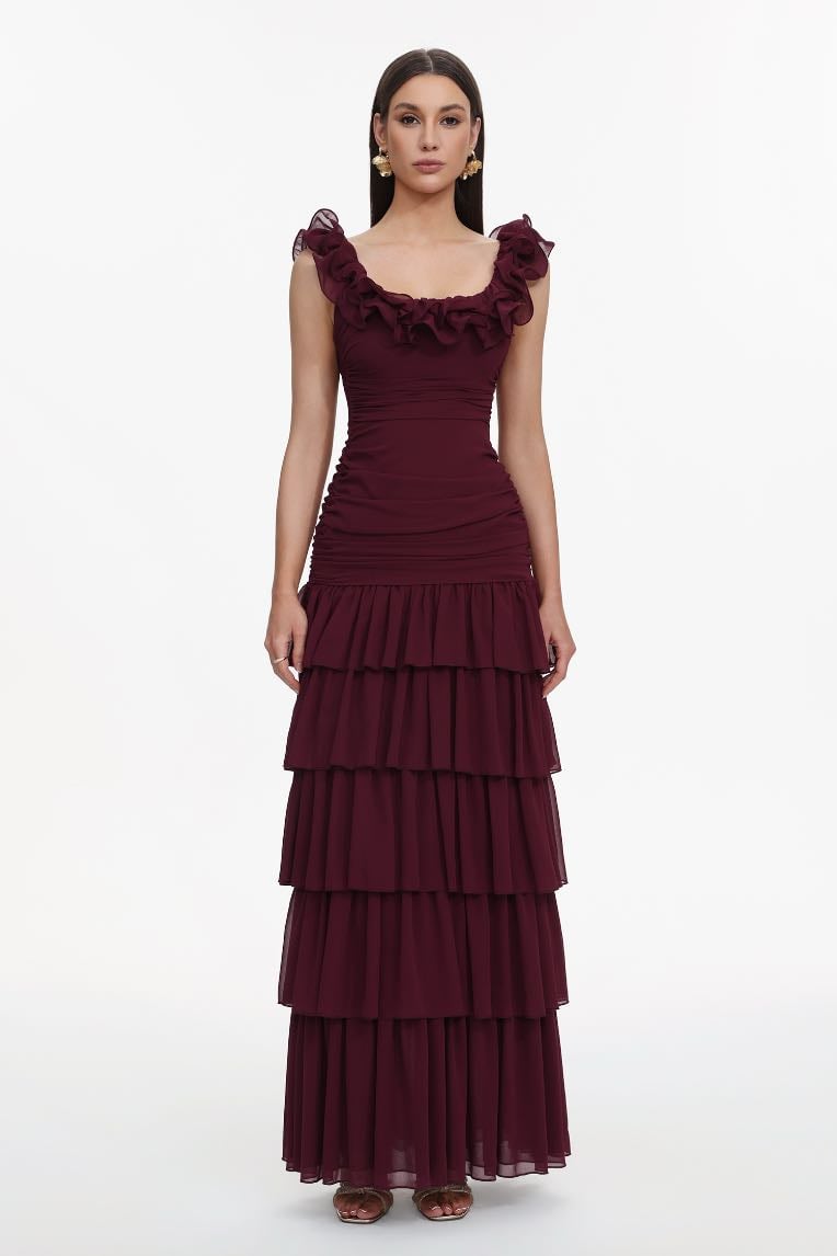 Vivien Romantic Flowy Sleeveless Ruched Ruffle Maxi Dress - BELLA BARNETT