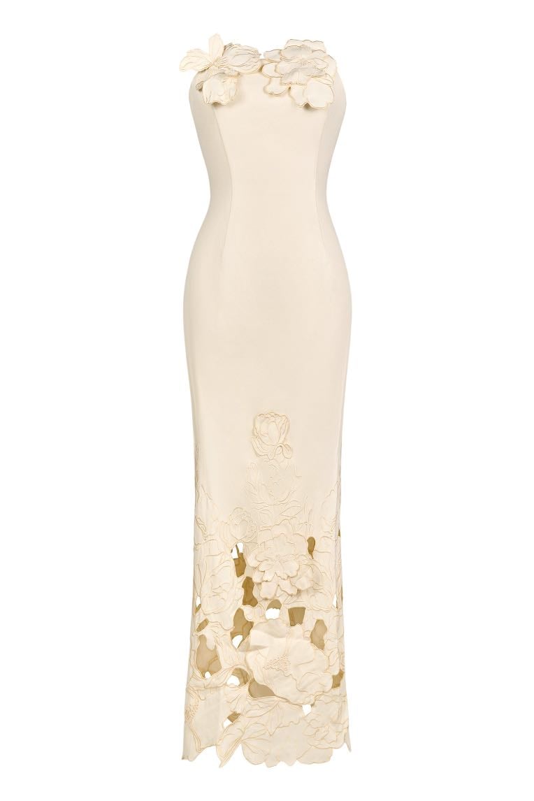 Off-Shoulder Floral Appliquéd Midi Dress - JARDINVUE