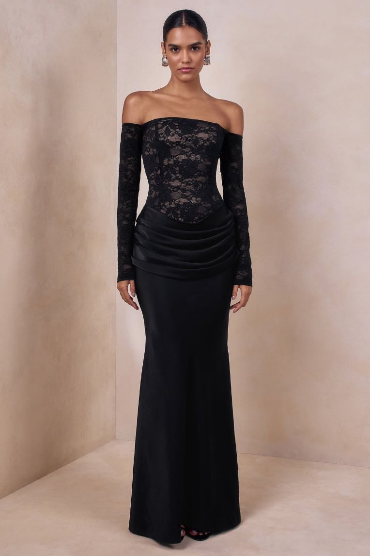 RINNA Black Lace And Satin Bardot-Neck Maxi Dress - Club L London