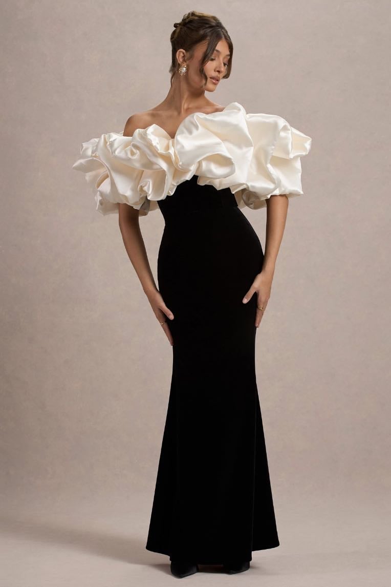 CECILY Black Velvet Bardot Maxi Dress With Satin Ruffle Trim - Club L London