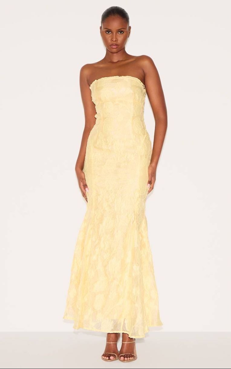 LIGHT LEMON TEXTURED LACE UP BACK MAXI DRESS - PrettyLittleThing