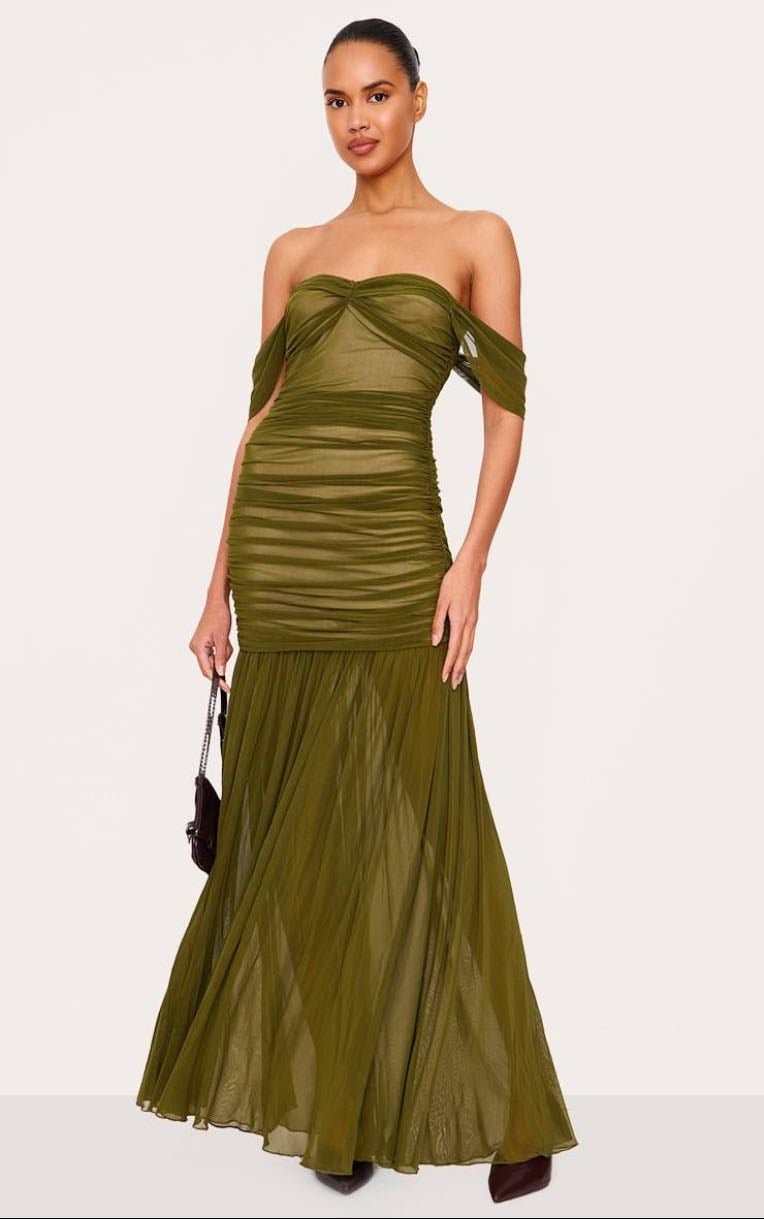 DEEP OLIVE MESH BARDOT RUCHED DETAIL MAXI DRESS - PrettyLittleThing