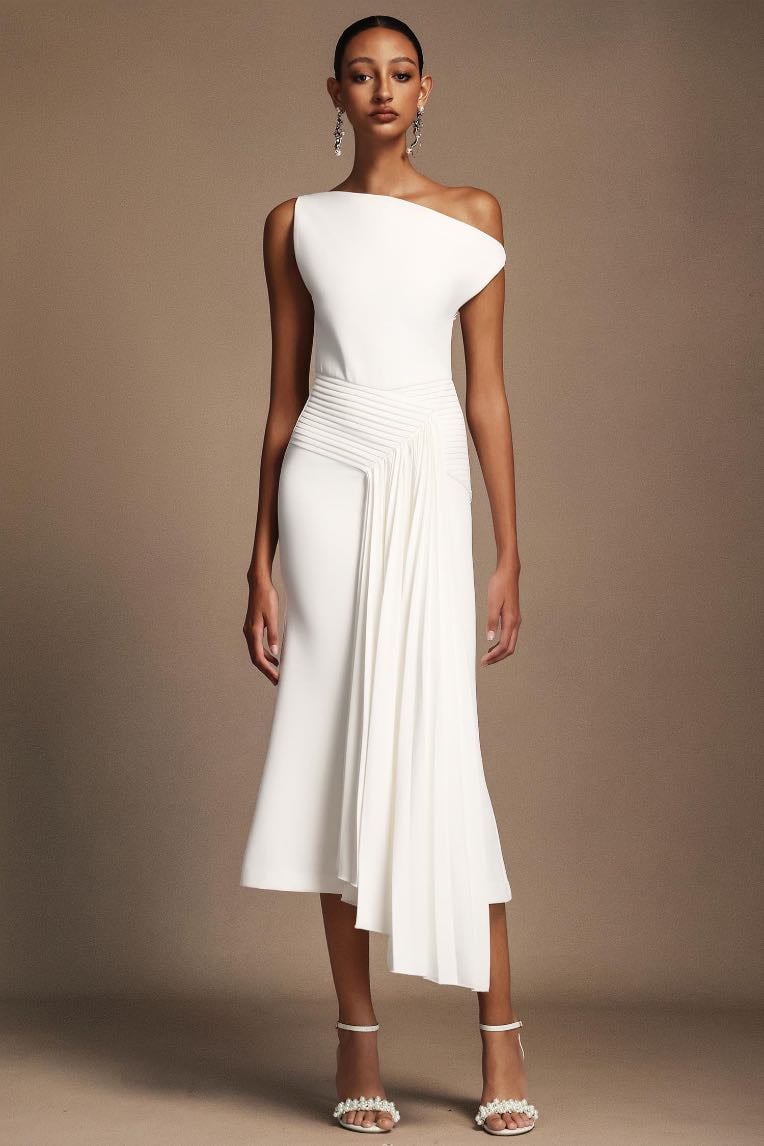 Paulina Oblique Shoulder Sleeveless Folds Midi Dress - BELLA BARNETT