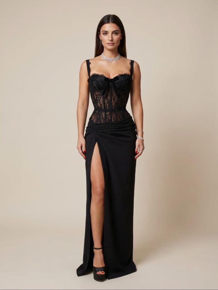 Lambdax Lace Split Bow Maxi Dress - MEW MEWS