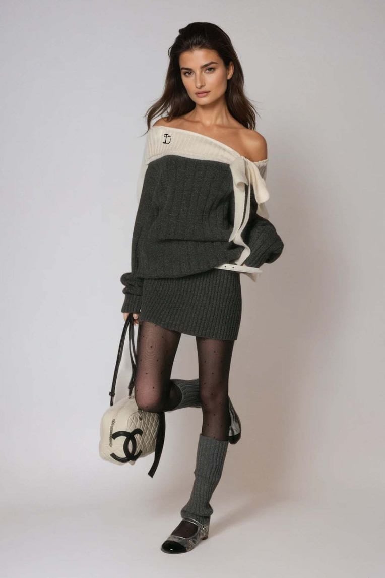 Devi Off Shoulder Bow Knit Mini Dress In Grey - Innovare denim