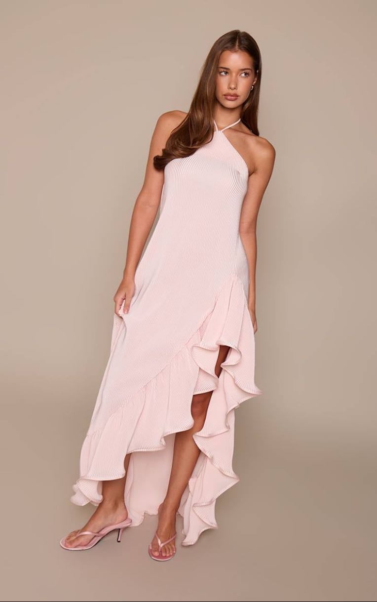 BABY PINK SATIN PLISSE FRILL DETAIL MAXI DRESS - PrettyLittleThing