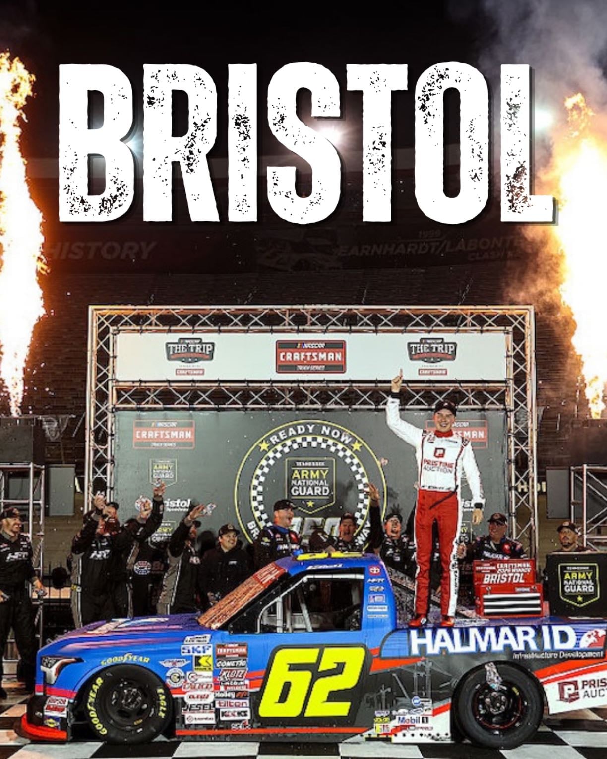 Bristol - Eckes gets into Heim to take out big contenders like Heim, Riggs and Kaden. At the end Bell held off Chandler in lapped traffic to win in #62 truck