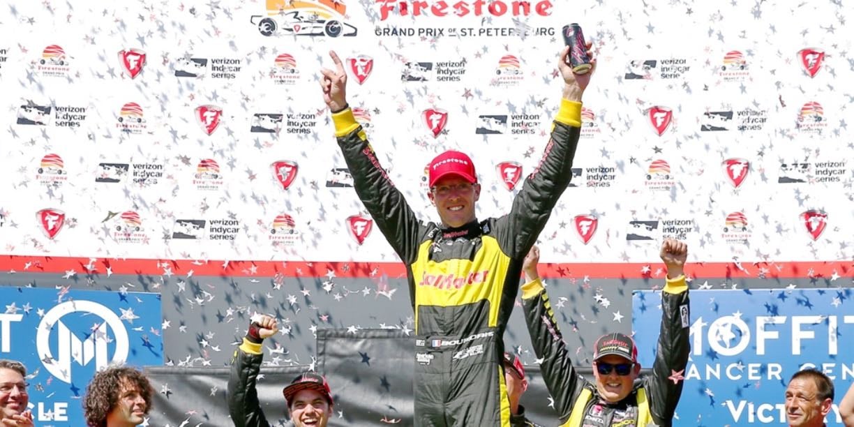 St. Pete - New car. Very chaotic race with eight cautions. Rookie Wickens was on his way to debut win until Rossi cleaned him out in turn 1. Bourdais gifted yellow win