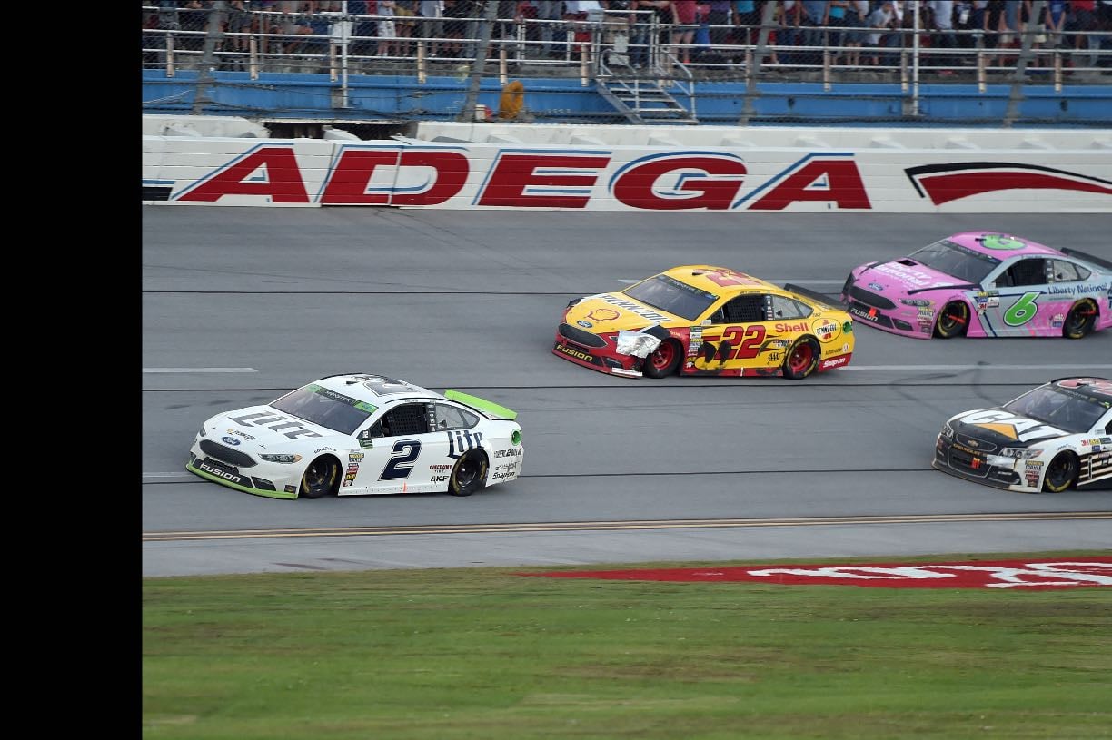 Talladega 2 - Multiple reminders about Jr's last Dega. Brad blocks left and right coming to line and nearly loses it. Several big wrecks. Typical Talladega finish