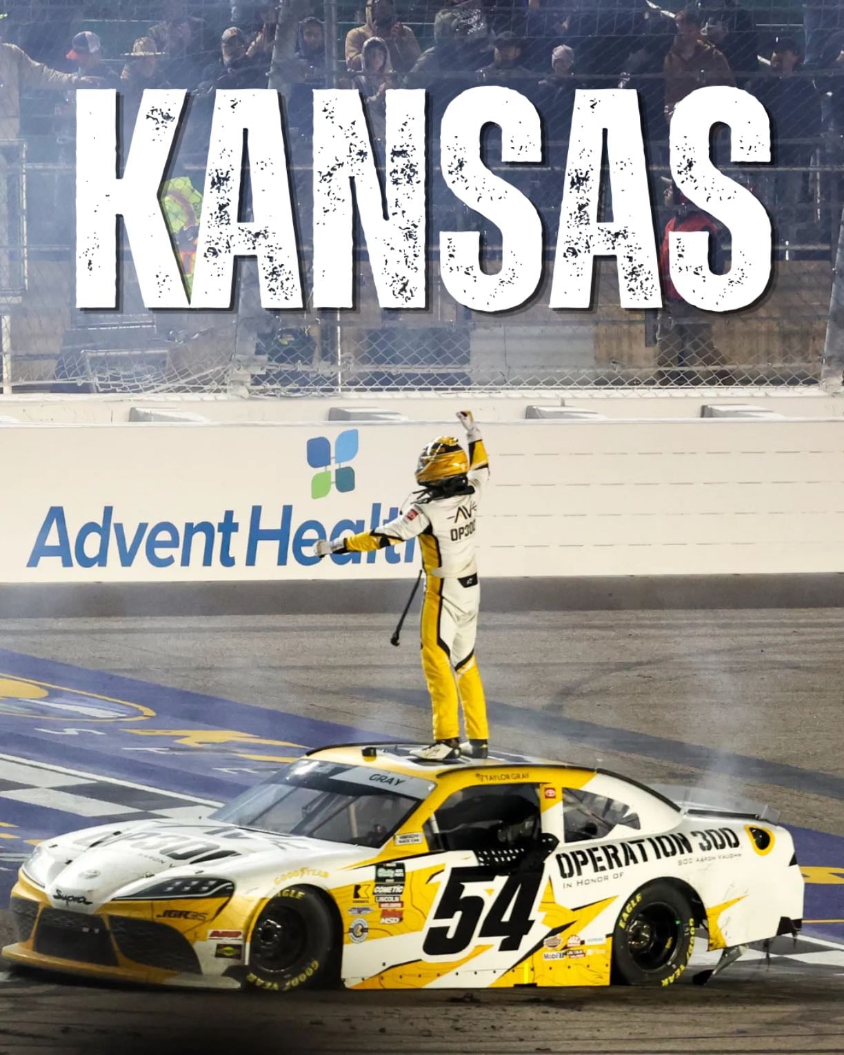 Kansas - Great pit call by 54 team put Gray up front and he held off Creed. 2nd lap Kvapil flipped. Jones won first two stages. Allgaier and Crews also in contention