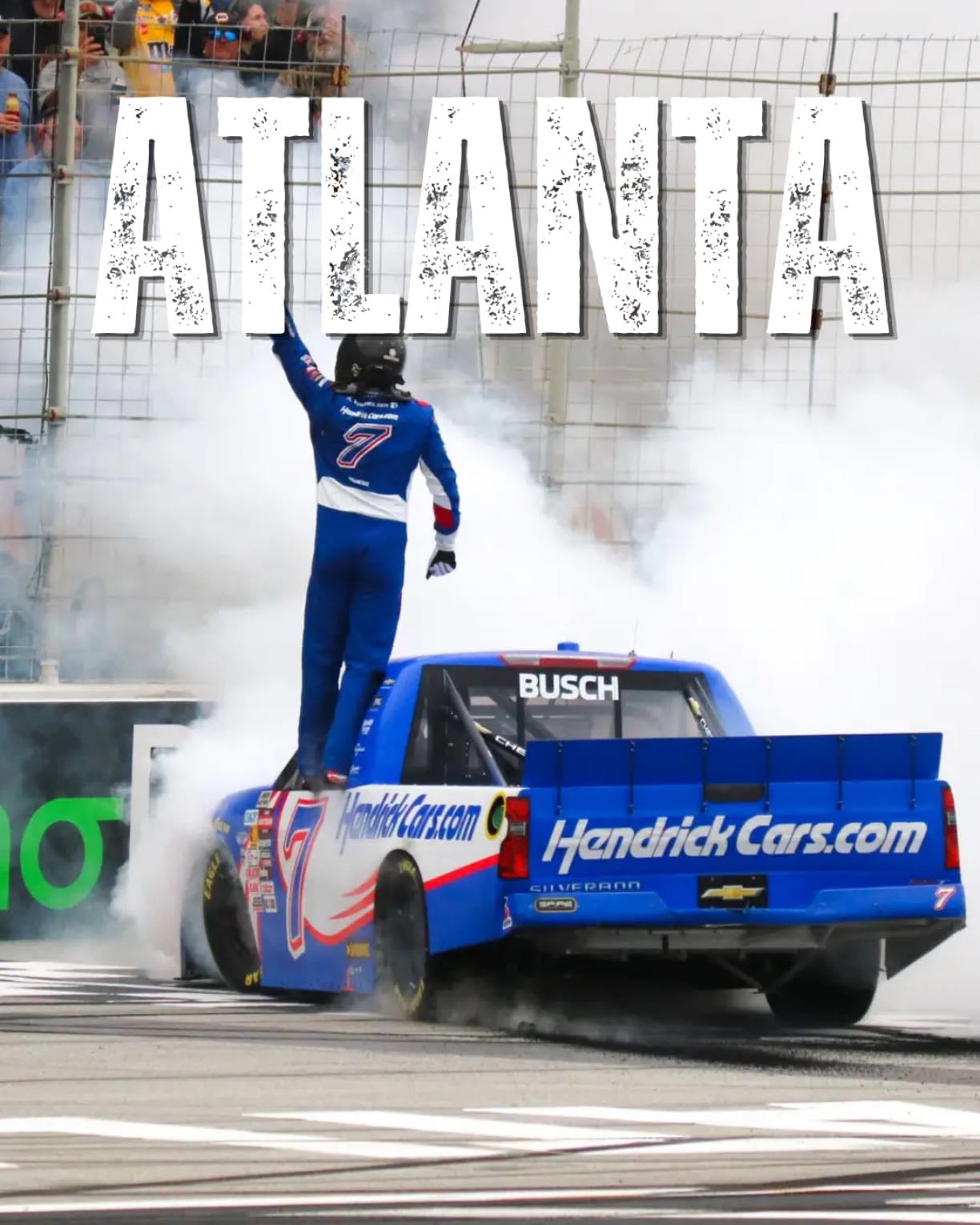 Atlanta - Time limit race with rain incoming. Lots of movement in closes laps with Carson helping Kyle against Stenhouse and Rhodes. Huge run by Kyle from 4th