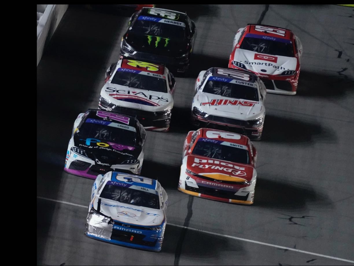 Daytona - Hill had damage, went to back multiple times and still drove to front. Lots of favs were wrecked. Sieg wrecked to bring out yellow, Hill beat Creed