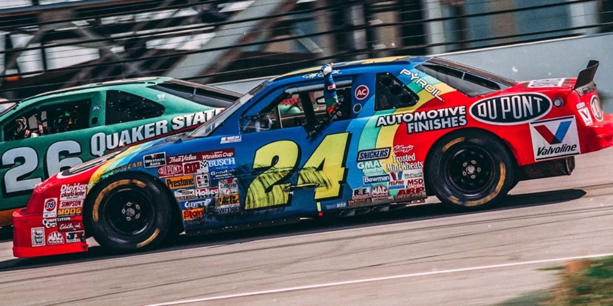 Brickyard 400 - Several contenders like Rusty, Geoff and Ernie. Jeff passes Ernie and wins as Ernie has tire failure with less than five to go