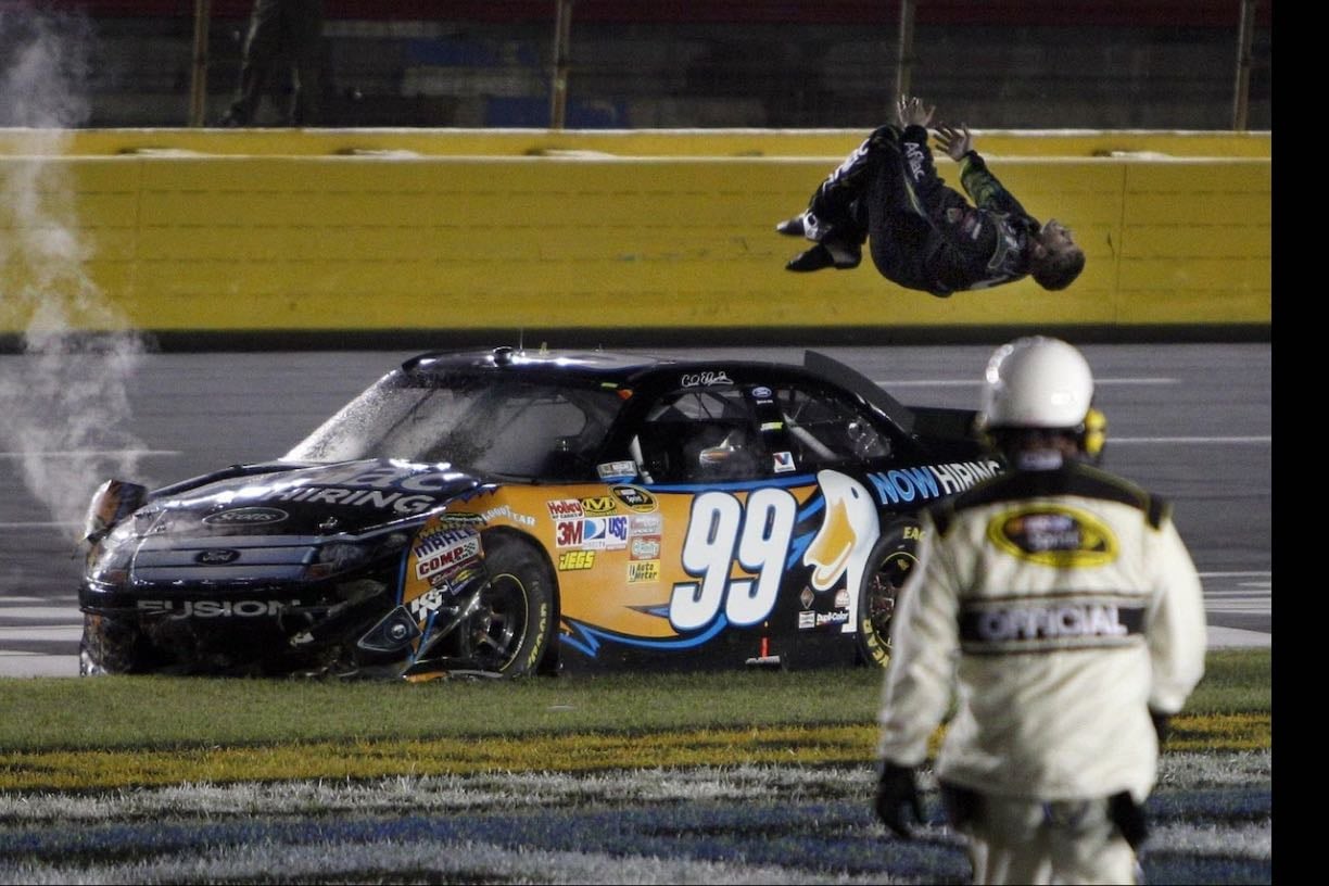 All-Star Race - Three segments, 100 laps, no strategy. Edwards jumps out with 10 to go. Kyle makes it close, needed more laps. Carl hits man hole in celebration