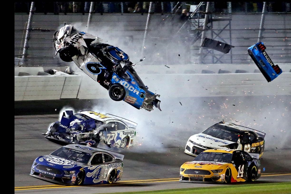 Daytona 500 - The Newman wreck. Rain postponed race after 20 laps. Denny was deserving winner with 79 laps led. Newman blocked Blaney coming to line to cause flip